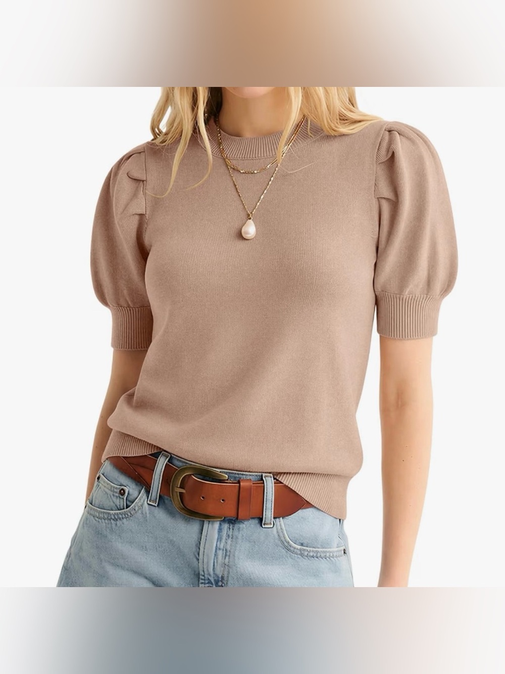 ATHMILE Short Sleeve Sweater for Women Beige
Crewneck Knit Small